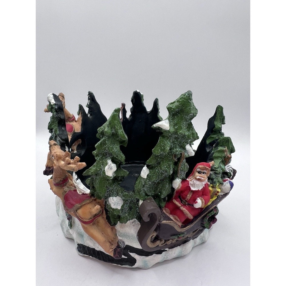 Santa & Reindeer Resin Pillar Candle Holder Ring Christmas  Village 4.5x5.5"